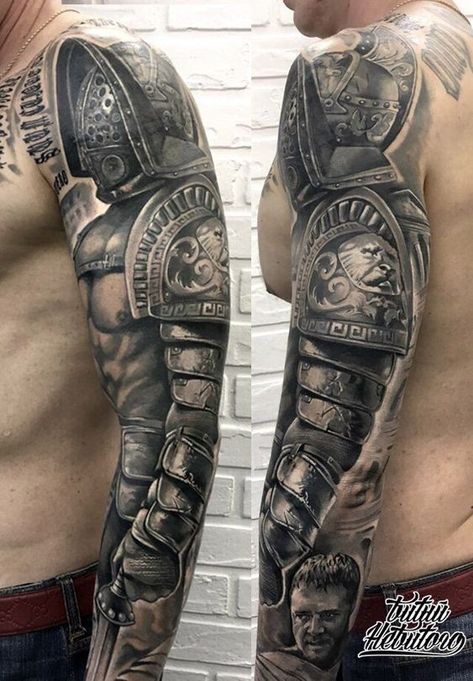 Full armored sleeve tattoo on the arm | www.otziapp.com Armor Sleeve Tattoo, Armour Tattoo, Shoulder Armor Tattoo, Body Armor Tattoo, Warrior Tattoo Sleeve, Roman Tattoo, Gladiator Tattoo, Spartan Tattoo, Armor Tattoo