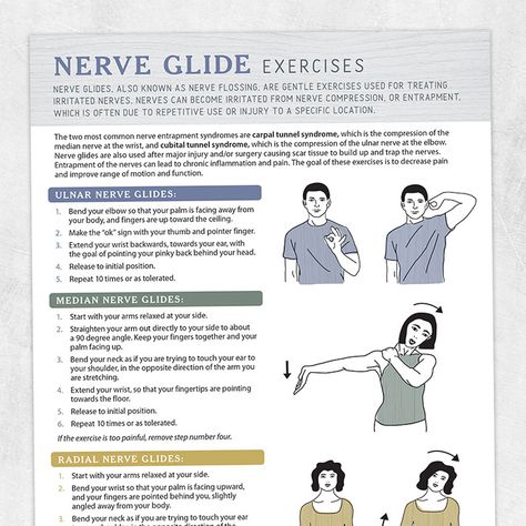 Nerve Glide Exercises – Printable handouts for speech, occupational, and physical therapists Nerve Glide Exercises, Ulnar Nerve Exercises, Nerve Glides, Nerve Flossing, Cubital Tunnel Syndrome, Message Therapy, Radial Nerve, Ulnar Nerve, Median Nerve