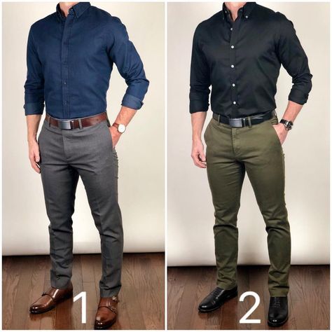 Which outfit would you pick to start you week on Monday❓🔵📁 or ⚫️🌿❓ Happy Sunday❗️ You guys are awesome❗️😀😀😀 Belt Ceo Outfit Men, Ceo Style, Black Shirt Outfit Men, Mens Fashion Dress Shirts, Chinos Men Outfit, Black Shirt Outfits, Black Dress Shirt, Mens Business Casual Outfits, Shirt Outfit Men