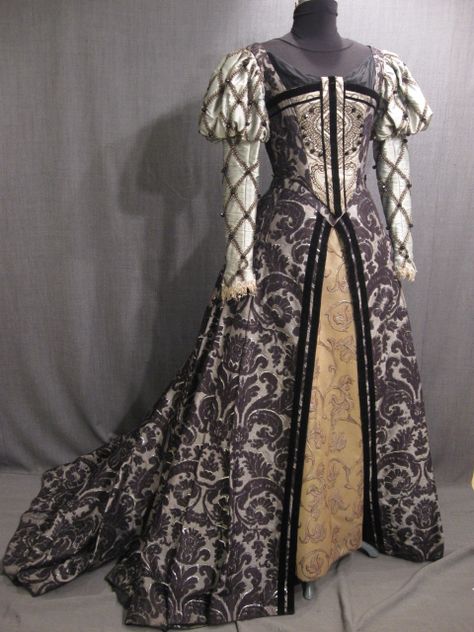 renaissance, elizabethan, bodice, renaissance, elizabethan, women, b33, w26, 5, black, light, grey, cream, floral, boned, bodice, square, neckline, with, black, velvet, trim, black, beads, on, front, ald, sleeves, puffed, upper, sleeves, slim, fitted, lower, sleeves, lace, trim, a - OSF Costume Rentals Tudor Fashion, Tudor Costumes, Historical Clothes, Fest Outfits, Fasion Outfits, Medieval Dress, Medieval Clothing, Medieval Fashion, Historical Dresses