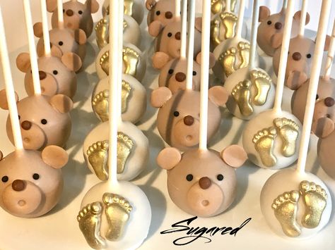 Bear Theme Gender Reveal Treats, Cake Pop Bear Theme, Teddy Bear Sweet Table, Teddy Bear Dessert Table Shower Ideas, Gender Reveal Teddy Bear, Bear Themed Dessert Table, Teddy Bear Cakepops, Bear Baby Shower Desserts, We Can Bearly Wait Cake Pops