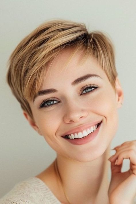 Pixie Side Swept Bangs, Pixie Front And Back View, 50s Pixie Haircut, Thick Pixie Haircut, Womens Pixie Haircut, Side Part Pixie Haircut, Pixie Haircut Ideas, Deep Side Part, Long Pixie Hairstyles