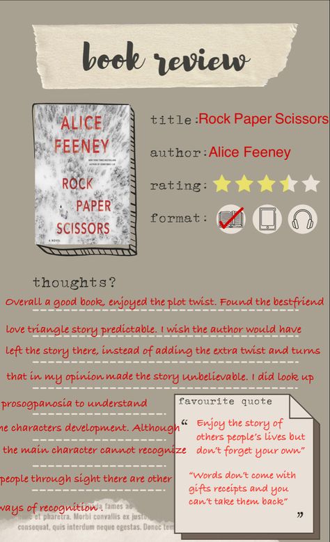 Rock Paper Scissors Book Aesthetic, Rock Paper Scissors Book, Scissors Aesthetic, Alice Feeney, Note Taking Tips, Minions Wallpaper, Rock Paper Scissors, Paper Scissors, Plot Twist