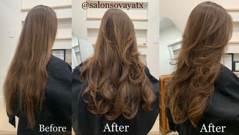 Long Hair Textured Ends, Long Hair Before And After Layers, Thick Ends Hair, Middle Back Hair Length Haircuts, Long Hair Volume Layers, Layers To Add Volume To Long Hair, Short Vs Long Layers, Layers From The Back, Long Layers To Add Volume