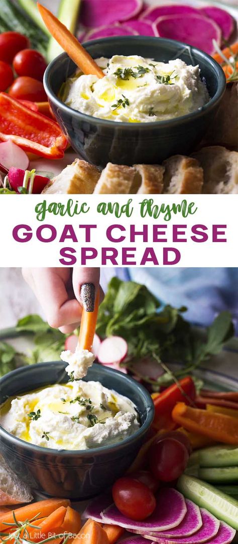 Dip your favorite crudites and crackers into my easy garlic goat cheese spread! This cold herbed appetizer can be made in minutes and use just a few ingredients. | justalittlebitofbacon.com #appetizerrecipes #diprecipes #goatcheese #appetizers #dips #spreads Garlic Goat Cheese Dip, Goat Cheese Dip Cold, Goat Cheese Cream Cheese Dip, Goat Cheese And Crackers, Goat Cheese Recipes Appetizers Dips, Goat Cheese Spread Recipes, Herbed Goat Cheese Recipe, Savory Spreads, Goat Cheese Dip Recipes