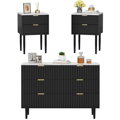 PRICES MAY VARY. Matching Dresser and Nightstand Sets 3 Piece(Black Nightstand Set of 2,Black 6 Drawer Dressr included) Modern,Sleek,Minimalist Well Painted leads smooth,water-proof,esay cleaning Grooved Stripes,Marble Texture Top,Gold Handles Easy assemble with step-by-step instructions 1 Mixed Metals Decor, Black And Cream Bedroom, Black White And Gold Bedroom, Black And Silver Bedroom, Mens Apartment Decor, Bedroom Marble, Grey And Gold Bedroom, Black Gold Bedroom, Nightstand With Drawers