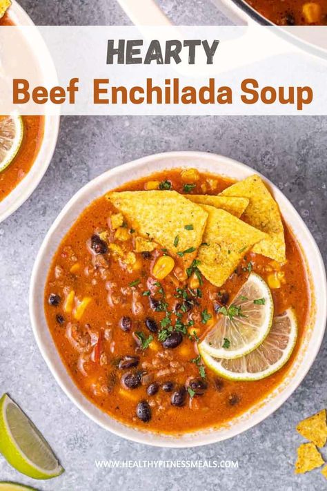 Creamy Beef Enchilada Soup Beef Enchilada Soup Recipe, Beef Enchiladas Soup, Beef Enchilada Soup Crockpot, Enchilada Soup Beef, Ground Beef Enchilada Soup, Enchilada Soup Crockpot, Beef Enchilada Soup, Beef Soups, Shredded Beef Enchiladas