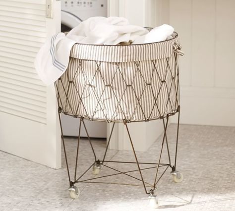 French Wire Hamper: http://www.stylemepretty.com/living/2015/03/25/the-prettiest-laundry-room-weve-ever-laid-eyes-on-must-have-storage/ Wire Laundry Basket, Laundry Basket On Wheels, Laundry Room Inspiration, Vintage Laundry, Hamptons Style, Laundry Mud Room, Laundry Hamper, French Wire, Wire Baskets