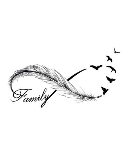 Infinity Tattoo Family, Infinity Tattoo With Feather, Infinity Tattoo Designs, Family Tattoo Designs, Band Tattoo Designs, Dandelion Tattoo, Feather Tattoo Design, Writing Tattoos, Infinity Tattoos