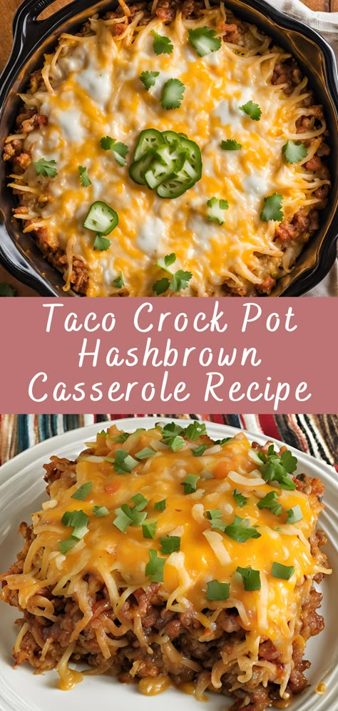 Taco Crock Pot Hashbrown Casserole Recipe | Cheff Recipes Crock Pot Taco Casserole, Recipes Using Shredded Hashbrowns, Crockpot Recipes With Shredded Hashbrowns, Hashbrown Taco Crockpot, Shredded Hashbrown Recipes Dinner, Casserole Recipes Hashbrown, Hashbrown Dinner Recipes, Taco Hashbrown Casserole Crock Pot With Rotel, Crockpot Hashbrown Recipes