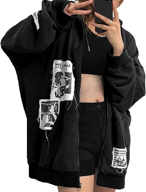 Aesthetic Clothes Grunge, Grunge Aesthetic Clothes, Punk Hoodie, Grunge Sweatshirt, Black Graffiti, Grunge Jacket, Harajuku Sweatshirt, Retro Coat, Spring Hoodie