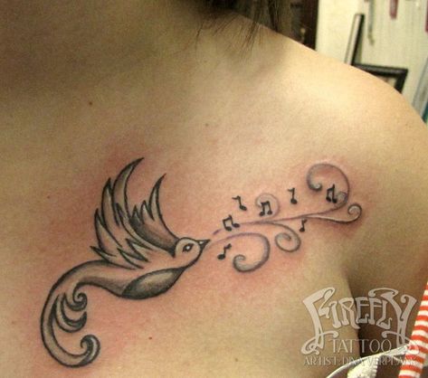 Tattoos For Aquarius, Song Bird Tattoo, Music Bird Tattoos, Music Note Tattoos, Songbird Tattoo, Musical Notes Art, Tattoo Lyrics, Firefly Tattoo, Music Sleeve