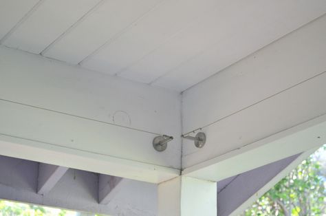 How To Hang Curtains On Porch, Ikea Dignitet, Dignitet Ikea Ideas, Back Porch Curtains, Deck Curtains, Ceiling Mounted Curtains, Outside Curtains, Porch Overhang, Gazebo Curtains