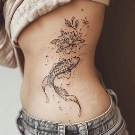 Fish Tattoos For Women, Fish Tattoo Women, Koi Fish Tattoo For Women, Coy Fish Tattoos, Koi Fish Tattoos, Side Stomach Tattoos, Tattoo Koi, Colour Tattoo For Women, Bird Tattoos For Women