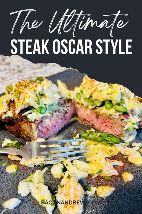 Oscar style steak Filet Mignon Oscar Style, Oscar Topping For Steak, Steak Oscar Recipe, Oscar Style Steak Recipe, Filet Oscar Recipe, Oscar Sauce For Steak, Baseball Steak Recipe, Steak Oscar With Crab Bearnaise Sauce, Steak Oscar With Crab