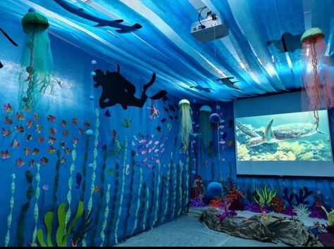 Vbs Ocean Theme, Ocean Vbs, Ocean Classroom, Underwater Party, Under The Sea Decorations, Ocean Theme Classroom, Ocean Birthday Party, Ocean Room, Underwater Theme