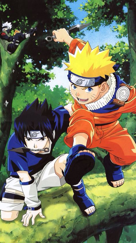 Naruto and Sasuke as kid rivals, with a lazy Kakashi "supervising" in the trees. #naruto Naruto Episodes, Kurama Naruto, Sasuke Naruto, Anime Dvd, Naruto Vs Sasuke, Naruto Vs, Naruto Images, Naruto Teams, Sasuke X Naruto