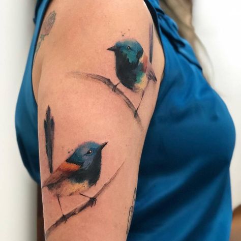 Watercolor blue wren birds on the upper arm. Feather Tattoo Arm, Robin Tattoo, Ma Tattoo, Blue Wren, Fairy Wren, Tatoo Inspiration, Watercolor Tattoo Flower, Cloud Tattoo, Watercolor Tattoos