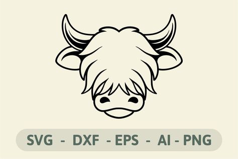 Cow Tattoo Small Cute, Cow Head Stencil, Highland Cow Line Drawing, Highland Cow Doodle, Highland Cow Head Template, Highland Cow Png, Mini Highland Cow Tattoo, Draw A Highland Cow, Highland Cow Silhouette