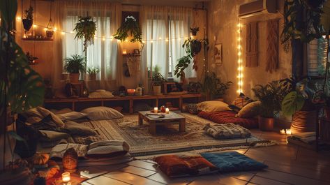 Bohemian-inspired retreat Coffee Table With Floor Cushions, Low Living Room Seating, Living Room With No Couch, Low Sitting Living Room, Floor Sitting Living Room, Floor Seating Ideas Small Spaces, Couchless Living Room, Artist Space, Floor Seating Living Room