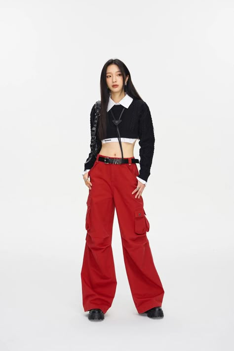 Red Kpop Outfits, Red Pants Outfit Street Style, Red And Black Outfit Ideas, Red Stage Outfits, Red Outfit Party, Red And Black Fits, Black White Red Outfit, Black Red Outfit, Black And Red Outfit