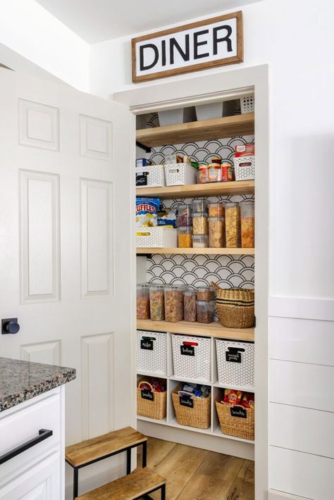 Pantry Design With Wallpaper, Door With Wallpaper, Wallpaper In Pantry, Wallpaper Behind Shelves, Pantry Curtain, Pantry Wallpaper, Pantry Door Storage, Pantry Hacks, Pretty Pantry