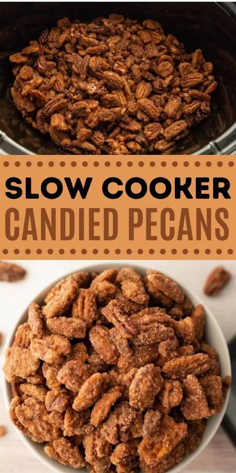 Slow Cooker Candied Pecans Recipe - Eating on a Dime Cinnamon Sugar Pecans Crockpot, Crockpot Sugared Pecans, Candied Pecans Crockpot Easy, Crockpot Pecans Candied, Slow Cooker Candied Pecans, Crockpot Candied Pecans, Candied Pecans Crockpot, Crockpot Pecans, Addicting Snacks