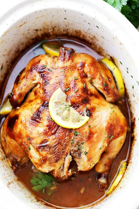 Crock Pot Honey Lemon Chicken Recipe - Rubbed with lemon-pepper butter and a sweet honey sauce, this is the easiest, most delicious whole chicken prepared in the crock pot! Whole Chicken In Crock Pot, Chicken In Crock Pot, Panini Recipes Chicken, Honey Lemon Chicken, Cooking Whole Chicken, Whole Chicken Recipes, Lemon Chicken Recipe, Chicken Slow Cooker Recipes, Thanksgiving Food