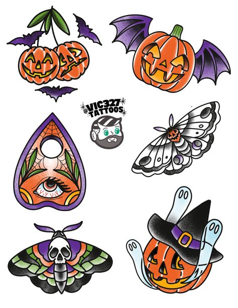 13 Ghosts Tattoo, Vintage Halloween Tattoo Flash, Vintage Halloween Tattoos, Spooky Flash Tattoo, Halloween Flash Tattoo, Kawaii Halloween Stickers, Sarah Tattoo, Halloween Tattoo Flash, Horror Tattoos