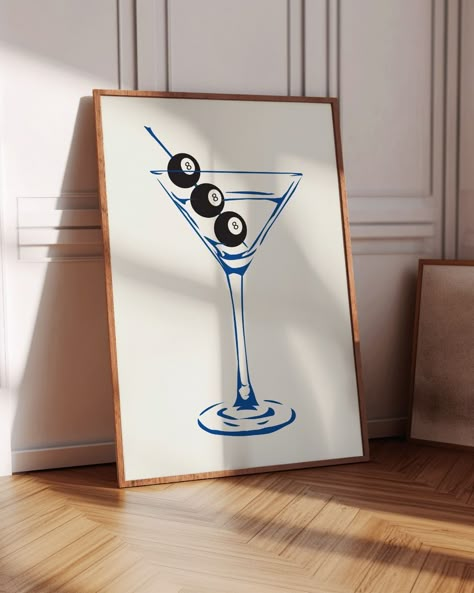 Martini Glass Poster Cocktail Room Decor, Paintings For Bathroom Canvas, Dirty Martini Painting, Pool Ball Painting, Pool Ball Art, Prints In Bedroom, 8 Ball Painting, I Love Poster, Martini Glass Painting