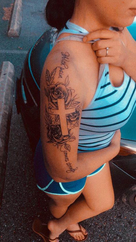 Faith Family Tattoo, Cross Shoulder Tattoos For Women, Cross With Roses Tattoo For Women, With Pain Comes Strength Tat, Cross Sleeve Tattoos For Women, Shoulder Upper Arm Tattoo For Women, Forearm Name Tattoos For Women, Christian Arm Tattoos For Women, Floral Cross Tattoos For Women