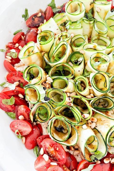 Easy and beautiful ROLLED ZUCCHINI RIBBON SALAD WITH BALSAMIC GLAZED. A fresh taste explosion in every bite. Favorite summer recipe. Zucchini Ribbon Salad, Ribbon Salad, Balsamic Glaze Recipes, Lemon Zucchini Bread, Salad With Balsamic Dressing, Zucchini Ribbons, Lemon Zucchini, Zucchini Salad, Stuffed Zucchini