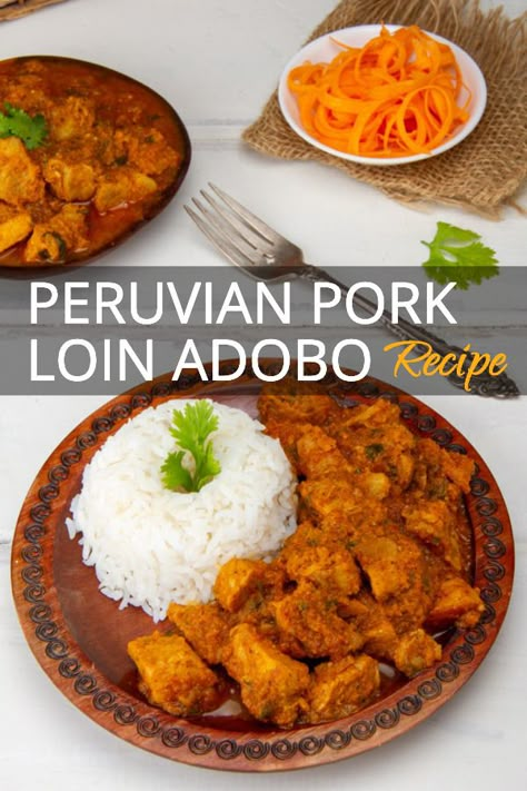 Loin of pork marinated in garlic, onions, vinegar, and ahí panca chilli peppers. Adobo is a delectable, colorful, savory dish with deep red/brown tint. Looks and tastes great with steamed white rice.  #porkAdoboRecipe #PeruvianPorkRecipes #PorkRecipes #PeruvianMeatRecipes #PorkLoinAdobo #PorkAdobo Peruvian Meals, Onions Vinegar, Peruvian Party, Loin Of Pork, Pork Adobo Recipe, Latin Dishes, Peruvian Dishes, South American Recipes, Adobo Recipe