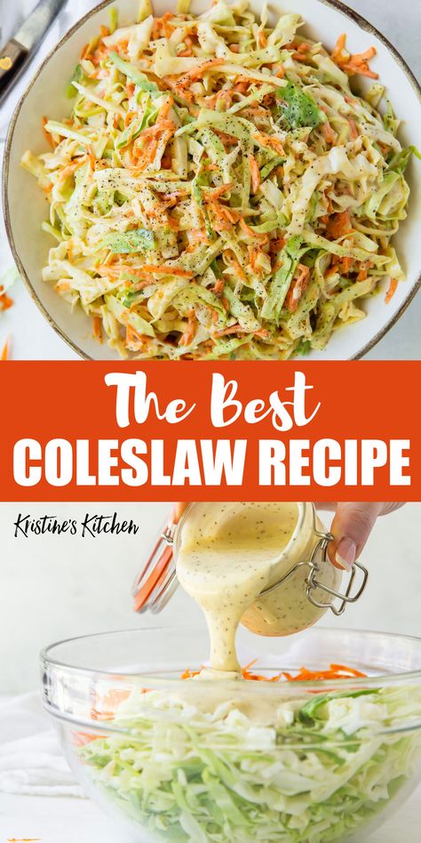 Easy Coleslaw Recipe with the best creamy homemade coleslaw dressing! It's so quick to make from scratch or with store bought coleslaw mix. Serve it as a topping for pulled pork or enjoy as a side dish! Coleslaw Recipe For Bbq Chicken, Coleslaw Recipe For Chicken Sandwich, Coleslaw For Chicken Sandwich, Summer Coleslaw Recipe, Coslaw Recipes, Slaw For Pulled Pork, Homemade Coleslaw Recipe, Easy Coleslaw Recipe, The Best Coleslaw