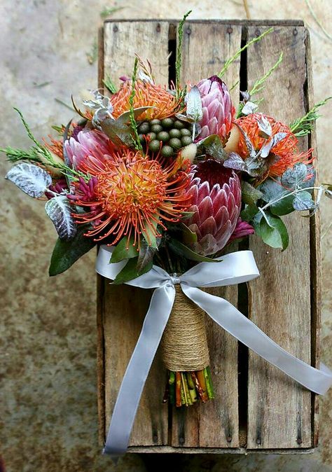 Wedding Bouquet Arranged With "Native Australian" Florals & Foliage Protea Wedding, Protea Bouquet, Bush Wedding, February Wedding, Bouquet Bride, Australian Flowers, Australian Native Flowers, Native Australians, A Bouquet Of Flowers