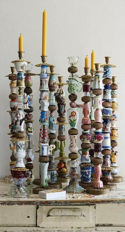 China Repurposed Ideas, Candle Stick Decor Ideas, Upcycled Candlesticks, Candlestick Crafts, Repurposed China, Hantverk Diy, Assemblage Art, Cottage Chic, Repurpose