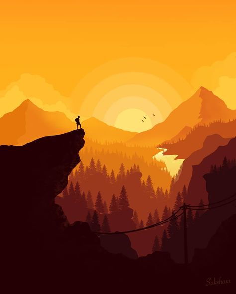 Mountain Sunset Illustration, Sunset Mural Painting, Mountain Sunset Drawing, Sunset And Mountains, Sunset Mural, Sunset Vector, Nature Minimalist, Mountain Sketch, Sunset Logo