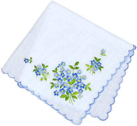 Wedding Something Blue, Handkerchief Embroidery, Embroidered Hankies, Clothes Embroidery Diy, Forget Me Nots, Embroidery On Clothes, Vintage Handkerchiefs, Ladies Clothing, Silk Ribbon Embroidery