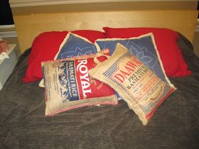 Em-provising: Rice-a-rific Pillows: Rice Bag Refashions Throw Pillows Diy, Sewing Upcycle, Potato Sacks, Repurpose Diy, Crochet Weave, Pillows Diy, Potato Sack, Diy Pillow, Rice Bag