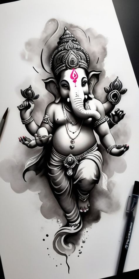 Ganesh Stencil Art, Ganpati Bappa Tattoo Design, Indian God Tattoo, Ganesha Tattoo Mandala, Tattoos Shiva, Ganesha Tattoo Sleeve, Ganpati Tattoo, Ganesha Tattoo Design, Ganesh Tattoos