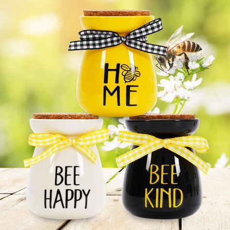 PRICES MAY VARY. Set of 3 - The package comes with 3pcs mini mason jars, they have different designs, perfectly meet your decoration and replacement needs. Bee Design - Classic white, yellow and black colors, printed with letter BEE HAPPY, HOME, BEE KIND, and also have bee pattern, add buffalo plaid ribbon, well match the theme of bee, delicate and inspirational. Mini Size - Each mason jar decoration measures 2.3 x 2.8inch, it is a mini size, won’t take too much space, you can place them anywher Bee Tiered Tray Decor, Bee Tiered Tray, Bumble Bee Decorations, Jar Decoration, Honey Bee Decor, Bee Day, Mini Mason Jars, Buffalo Plaid Ribbon, Bee Pattern