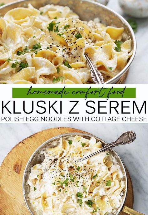 Kluski z Serem (Polish Pasta with Cottage Cheese Recipe) combines soft, fluffy egg noodles with buttery caramelized onion, cottage cheese, sour cream, salt, and black pepper for an easy comfort food meal that’s similar to macaroni and cheese. Haluski With Cottage Cheese, Polish Egg Noodles, Egg Noodles With Cottage Cheese, Cottage Cheese And Noodles Recipe, Cottage Cheese Noodle Casserole, Cottage Cheese Noodle Bake, Noodles And Cottage Cheese Recipes, Cottage Cheese And Pasta Recipes, Polish Noodles Cottage Cheese