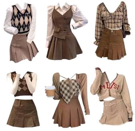 Pretty Outfits Brown, Korean Theme Outfit, Cute Outfits Academia, Brown Aesthetic Dress Outfit, Preppy Outfits Dark Academia, Korean Dark Academia Aesthetic, Y2k Brown Skirt Outfit, School Outfit Aesthetic Korean, Cute Brown Outfits Korean