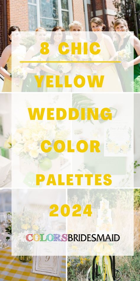 Yellow and White Wedding Color Palettes 2024, Yellow Bridesmaid Dresses, White Bridal Gown - ColorsBridesmaid Canary Yellow Wedding Color Schemes, Yellow Themed Wedding Color Schemes, Yellow And Brown Wedding Theme, Spring Wedding Colors Yellow, Daisy Wedding Theme Color Schemes, Pale Yellow Bridal Bouquet, Wedding Color Yellow, White And Yellow Wedding Theme, Wedding Color Schemes With Yellow