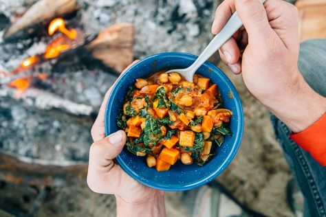 Sweet Potato and Peanut Stew | Fresh Off The Grid Vegetarian Camping Meals, Vegetarian Camping Recipes, Vegetarian Camping, Easy Campfire Meals, Camping Food Make Ahead, Best Camping Meals, Peanut Stew, Easy Camping Meals, Going Vegetarian