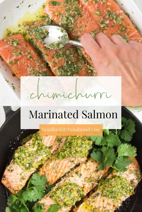 This simple and easy baked chimichurri salmon recipe is healthy, delicious and quick! It's the perfect way to use leftover chimichurri, or the best excuse to get a new batch ready in just a few minutes. Serve it with brown rice for a complete protein-rich dinner your familia will love! Chimichurri Salmon, Lime Salmon Recipes, Oven Baked Tilapia, Cilantro Lime Salmon, Salmon Recipes Oven, Cod Fish Recipes, Sauce For Salmon, Chimichurri Recipe, Baked Tilapia