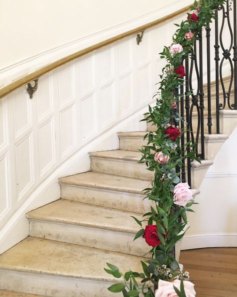 Staircase Garland, wedding Flowers, stair garland, staircase foliage, spiral staircase Railing Wedding Decor, Stairs Flower Decoration, Flowers On Stairs, Staircase Plants, Citizens Ballroom, Staircase Flowers, Wedding Staircase Decoration, Stair Garland, Garland Staircase