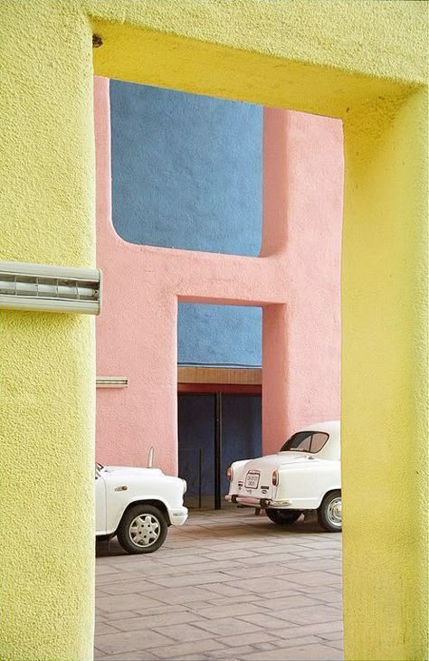 What a glorious colour palette in pastel pink yellow & blue! Le Corbusier Architecture, Yellow Aesthetic Pastel, Modernist Architects, Pastel Designs, Yellow Aesthetic, Color Inspo, Pastel Yellow, Mellow Yellow, Chandigarh