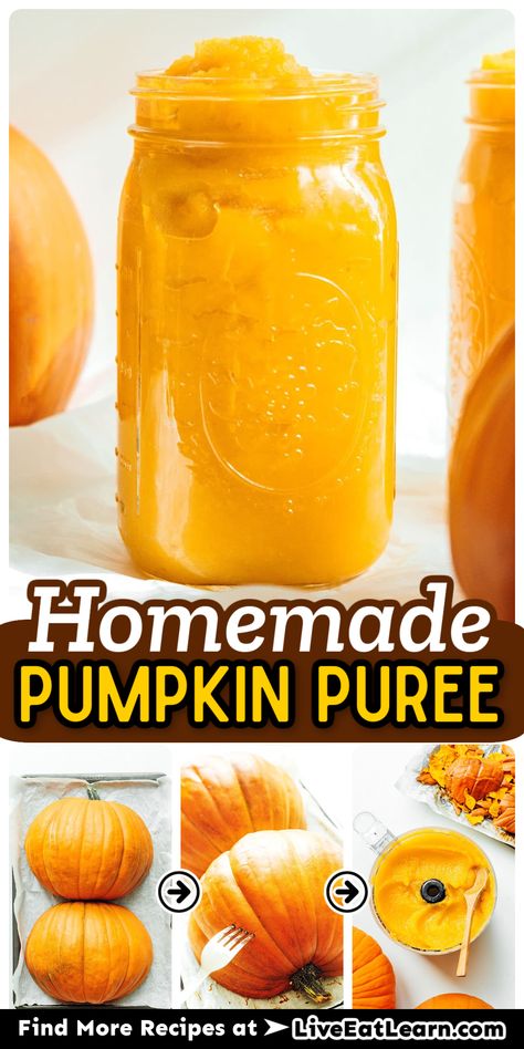 Photos show the steps of making pumpkin puree at home: Cutting and baking pumpkin, removing peel and adding it to the blender to puree it. The largest photo shows the finished pumpkin puree in a glass jar. Bake A Pumpkin For Puree, Things To Make With Fresh Pumpkin, How To Make Homemade Pumpkin Puree, How To Make Pumpkin Puree For Pie, Cooking Fresh Pumpkin For Pies, How To Make Pumpkin Puree From Pumpkins, Preserving Pumpkin Puree, How To Make Pumpkin Puree From Scratch, Puree Pumpkin How To