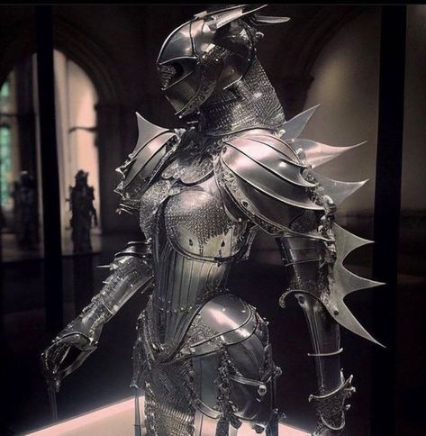 Metal Armor Reference, Knight Core Aesthetic, Woman In Armor Art, Claymore Design Ideas, Claymore Aesthetic, Medieval Knight Aesthetic, Silver Character Design, Pretty Armor, Women's Armor